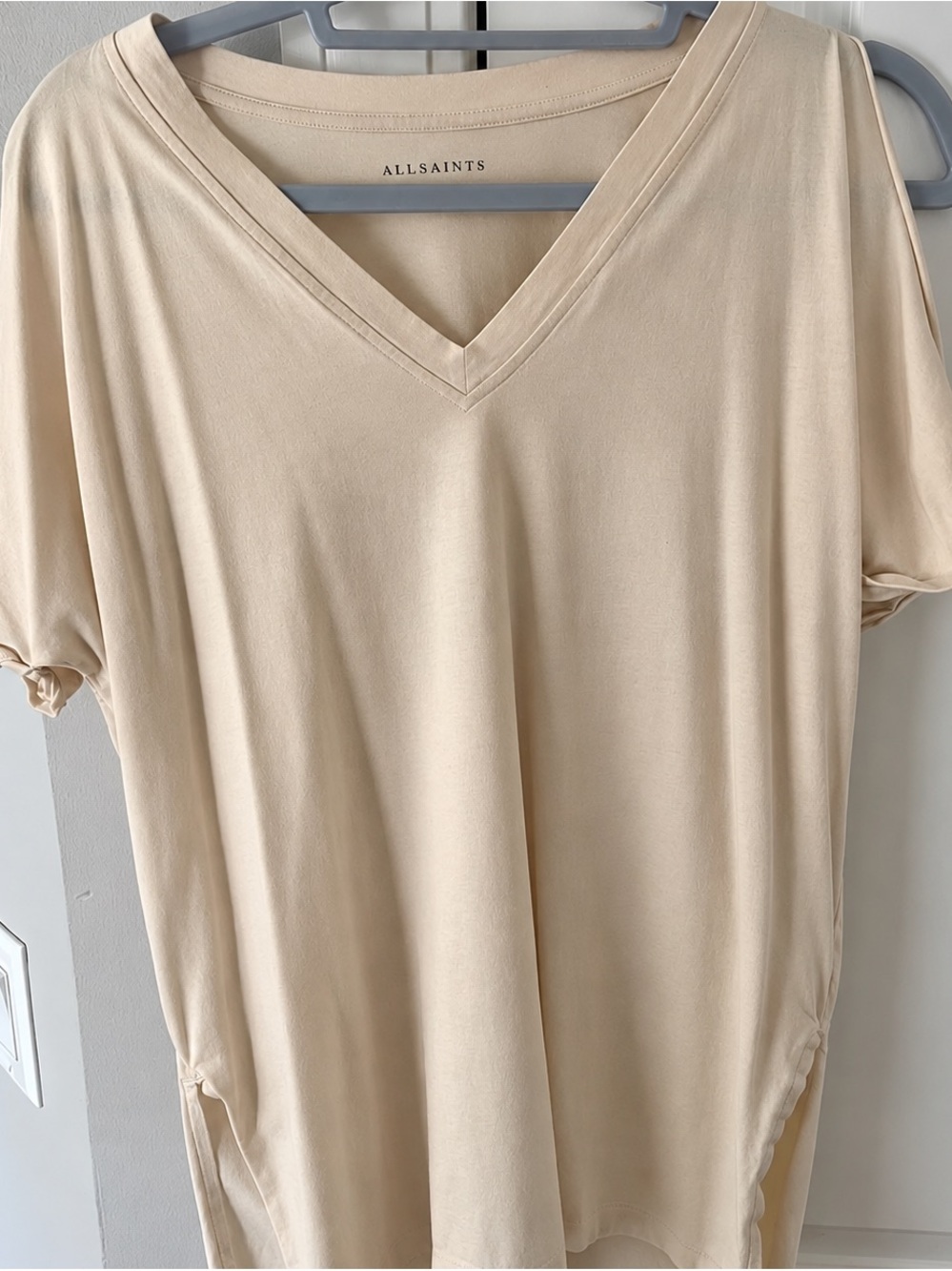 All Saints Short Sleeve V-Neck Top in Soft Cream